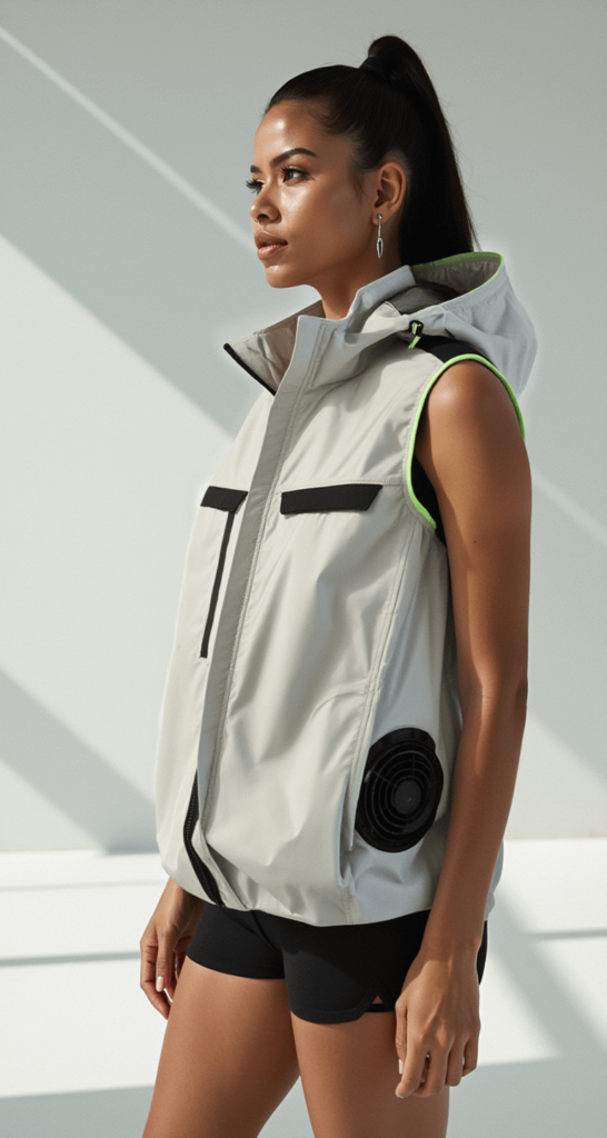 Woman wearing Polar Quest cooling jacket – advanced fan-powered vest for heat protection