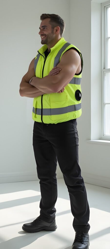 Polar Quest battery-powered cooling vest with dual fan system for heat protection and outdoor work comfort.