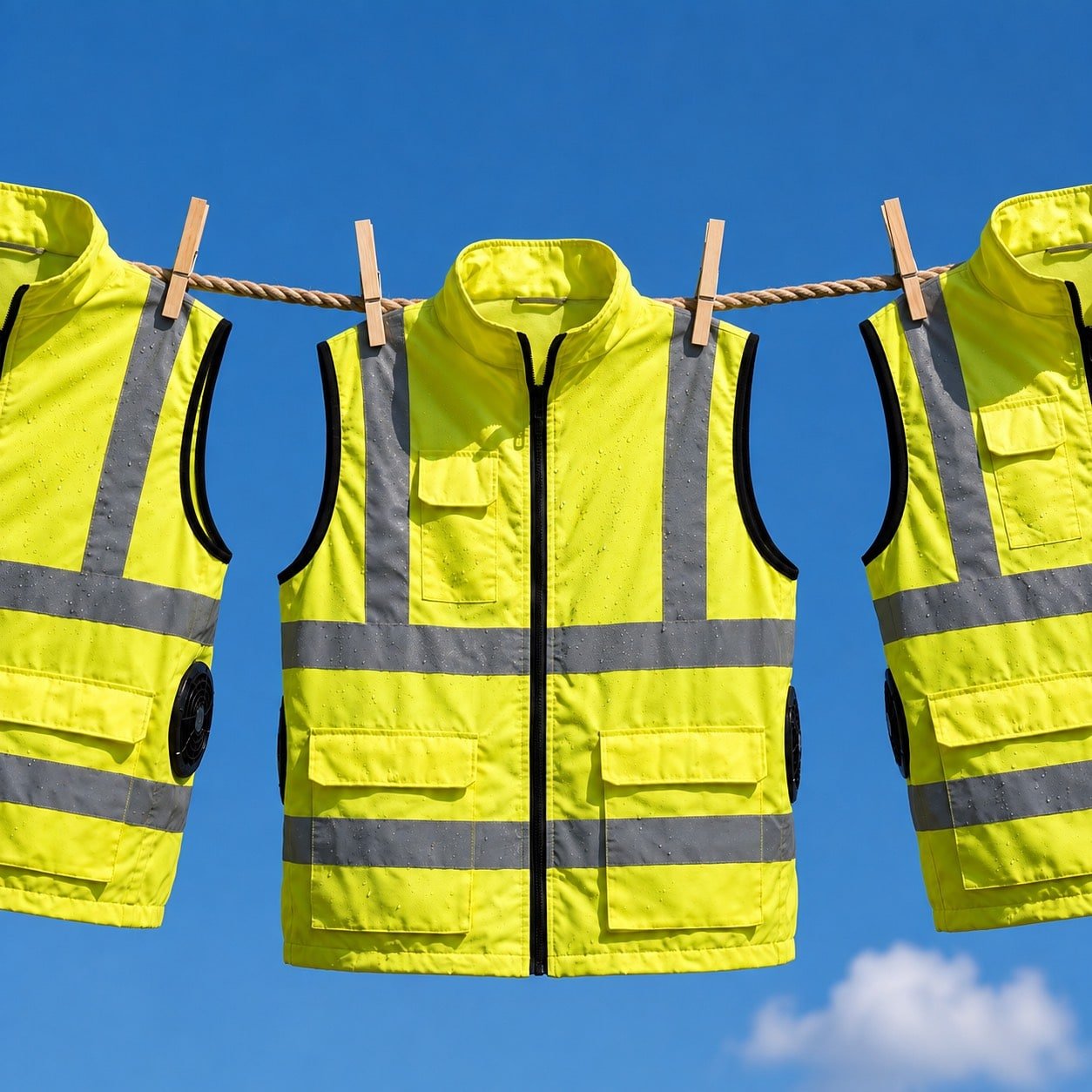 Polar Quest hi-vis cooling vests hanging on a line against a blue sky