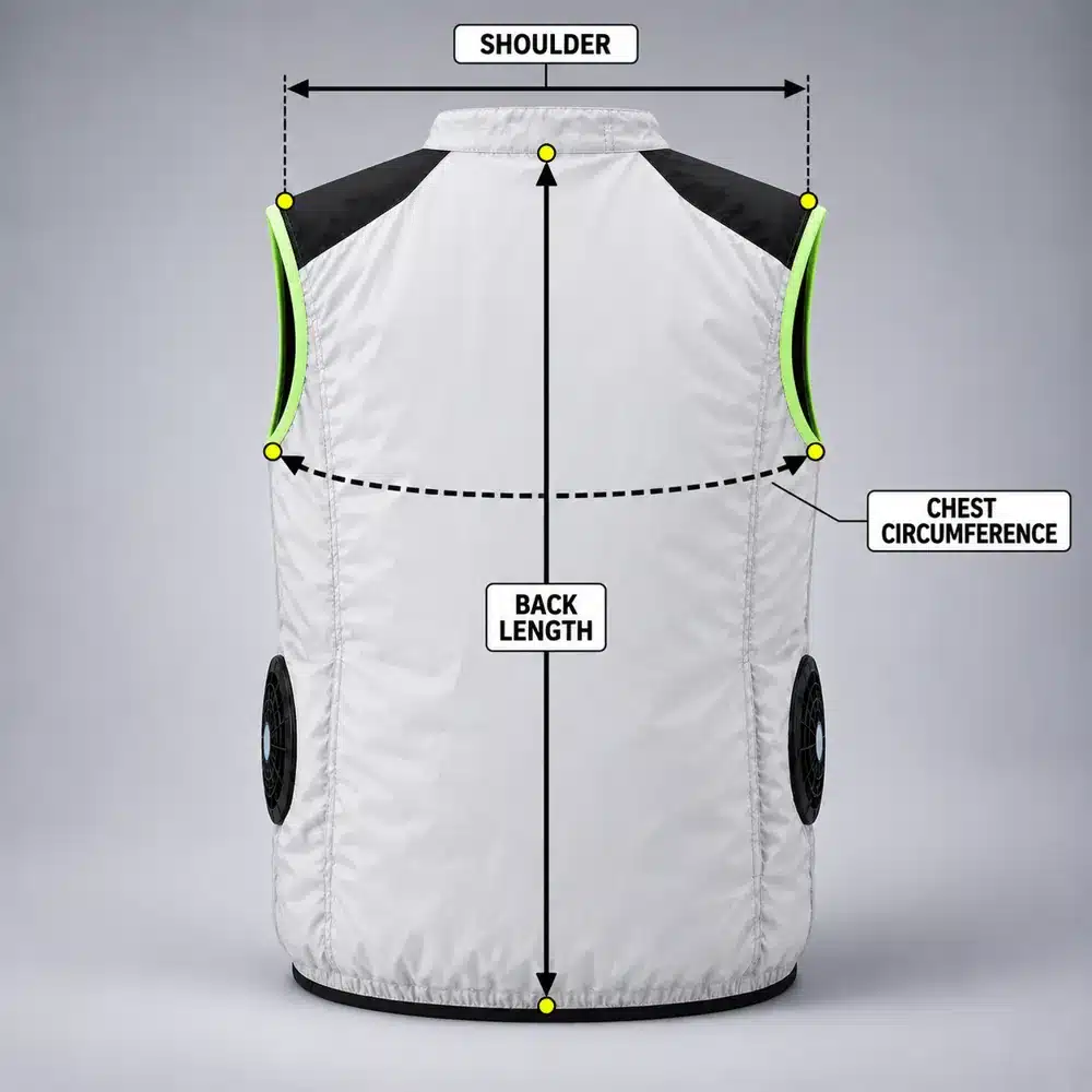 How to measure the Gray Fan Vest: shoulder, chest circumference and back length