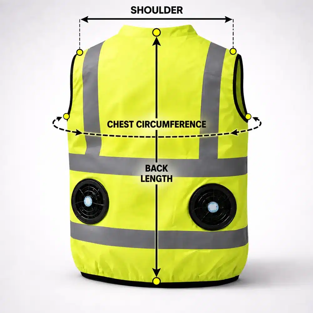 How to measure the Hi-Vis Fan Vest: shoulder, chest circumference and back length