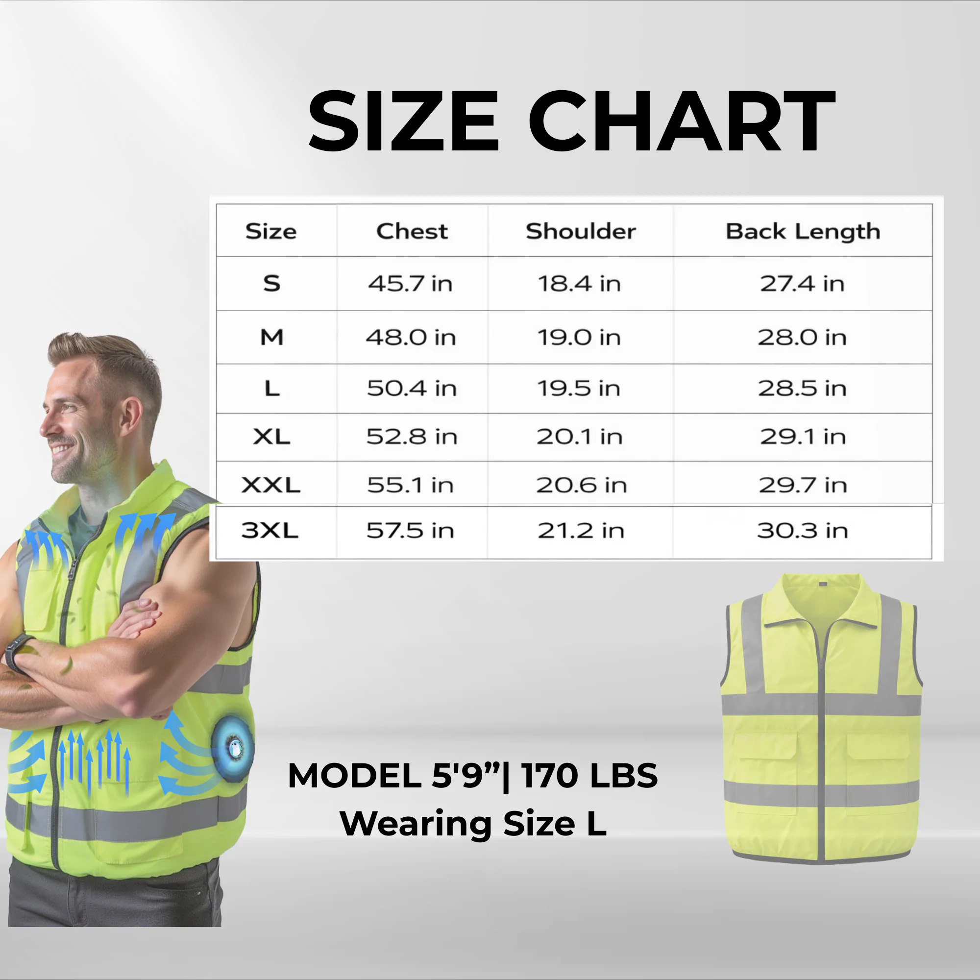 Polar Quest hi-vis cooling vest size chart for construction workers