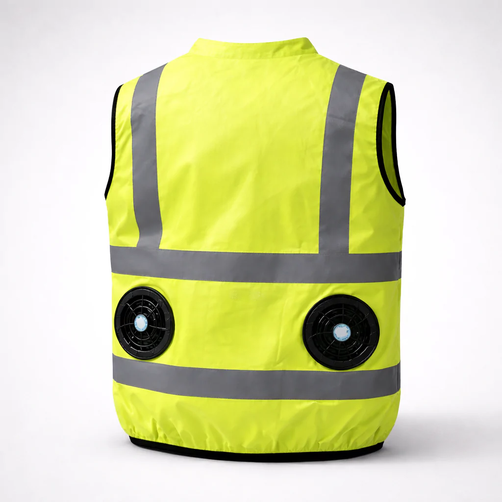 Polar Quest yellow hi-vis vest, back view with fan openings