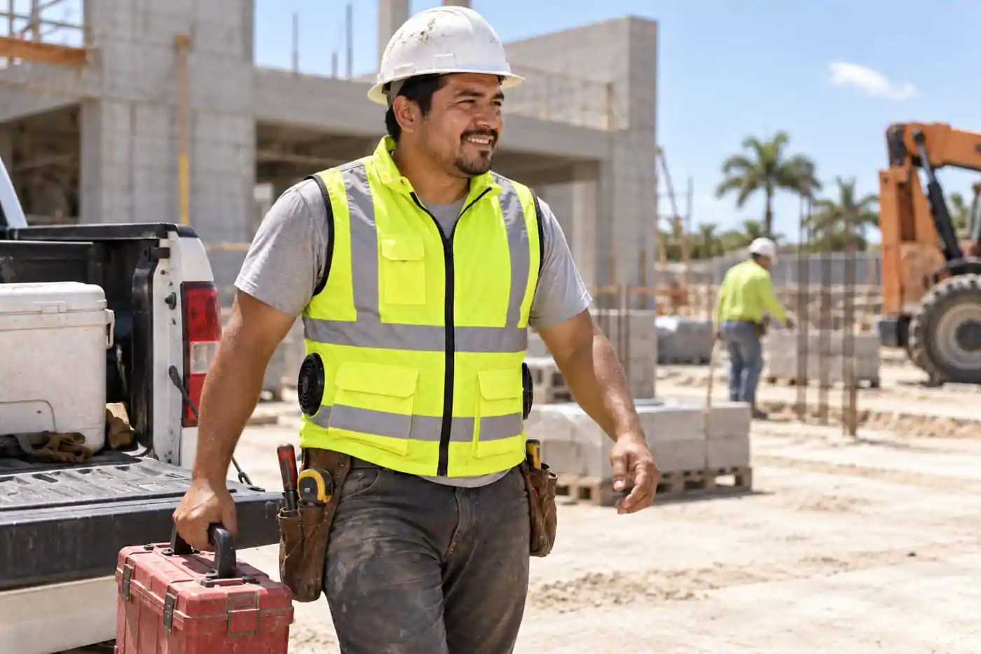 Same worker in the Hi-Vis Fan Vest, smiling, carrying a toolbox