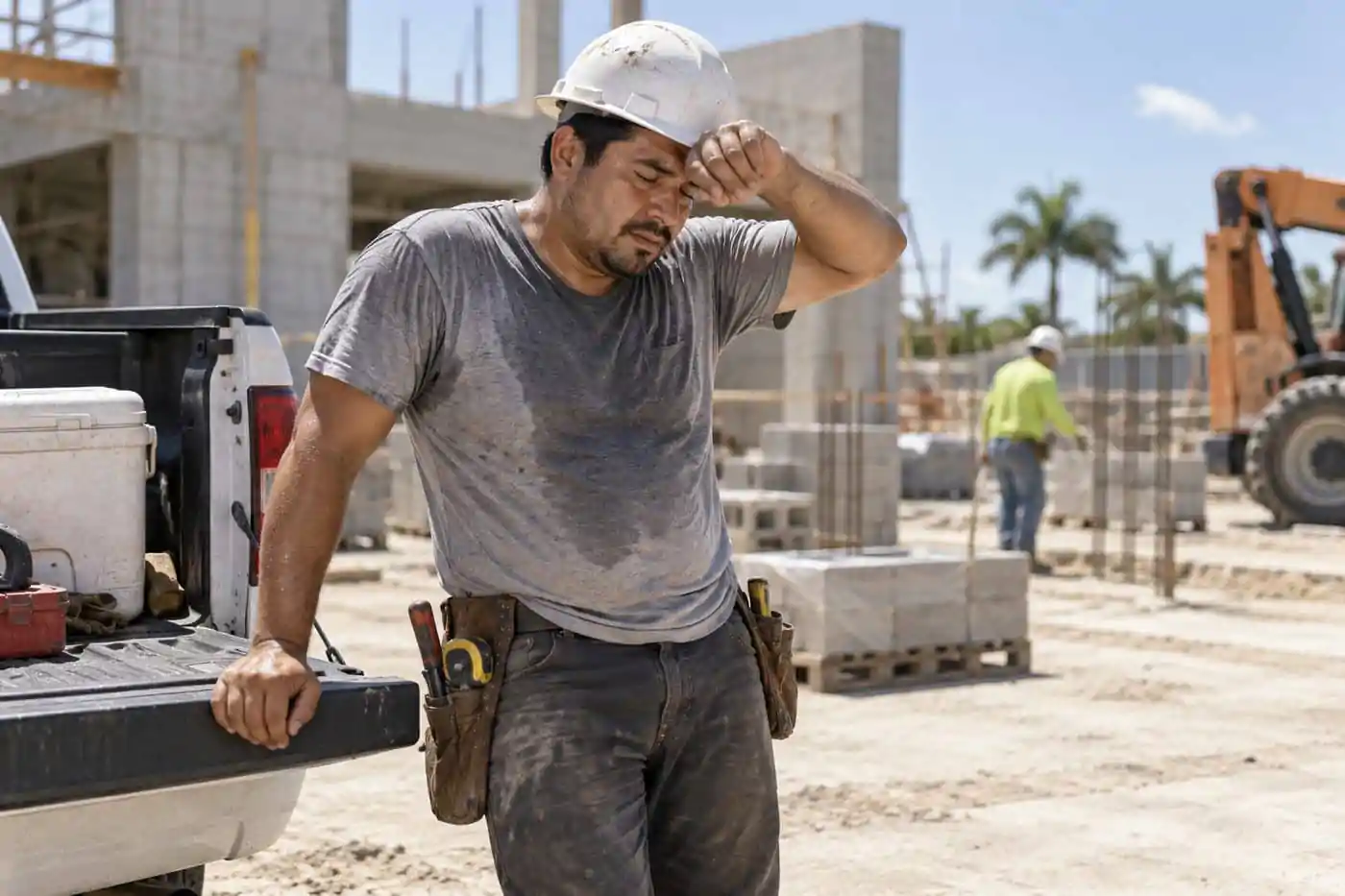 Worker wiping sweat, leaning on a tailgate