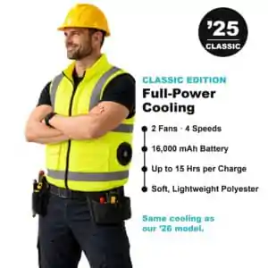 Worker wearing the Polar Quest '25 Classic hi-vis cooling fan vest: 2 fans, 4 speeds, 16,000 mAh battery